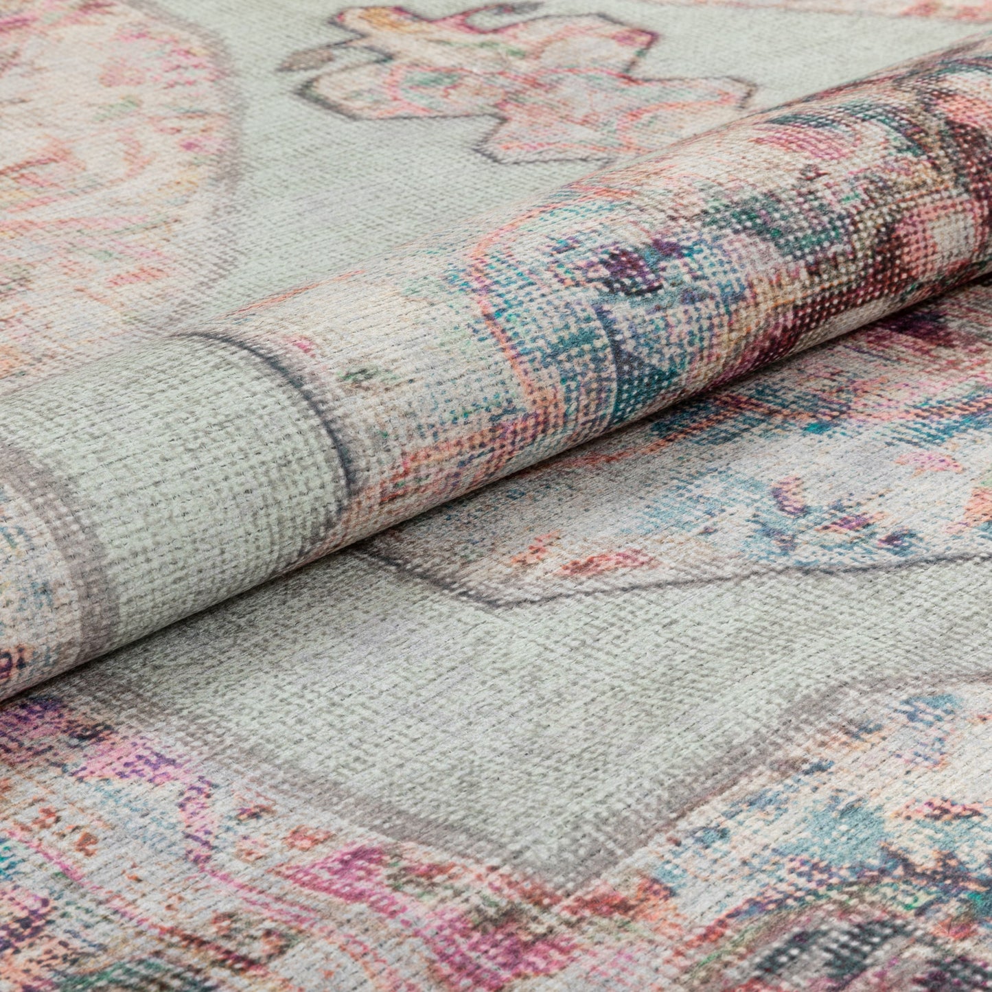 Ramon Machine Washable Vintage Persian Botanical Pink Pastel Green Flat-Weave Distressed Rug LOT-86