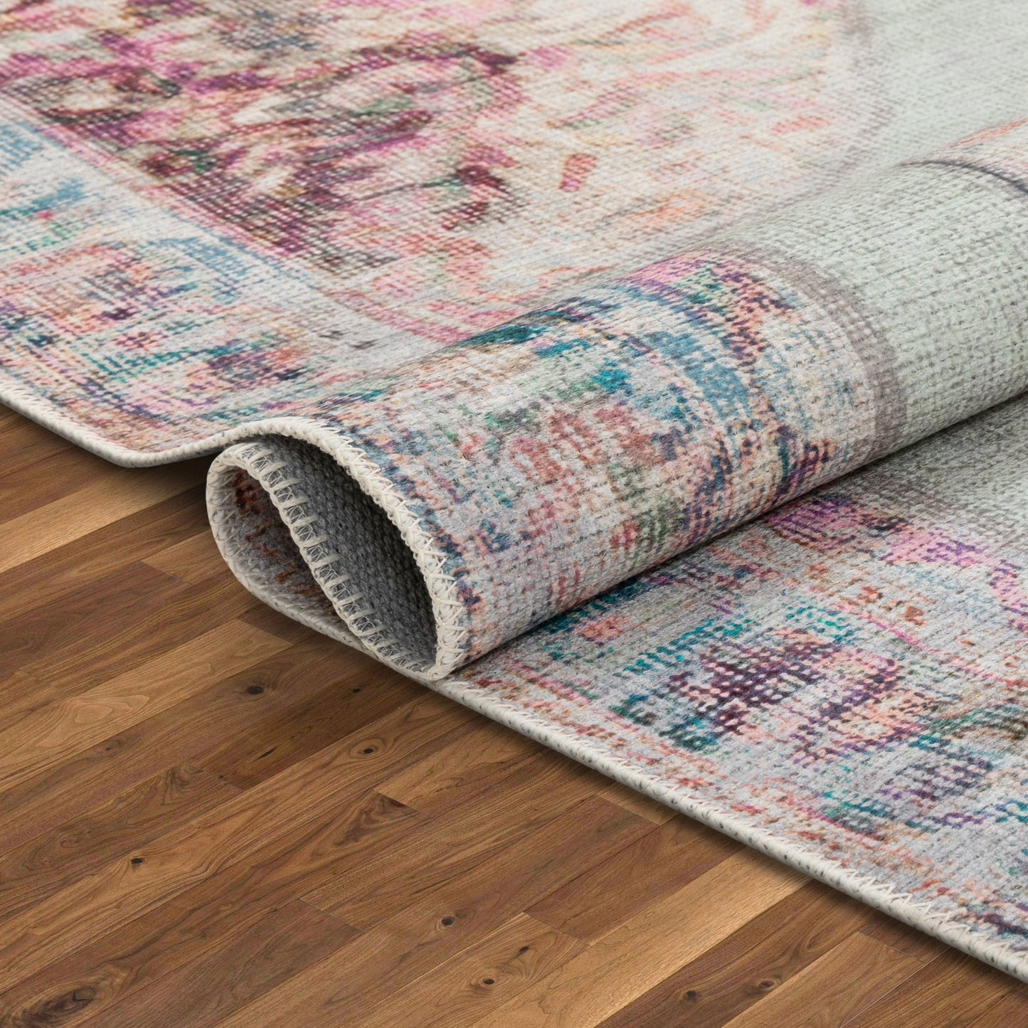 Ramon Machine Washable Vintage Persian Botanical Pink Pastel Green Flat-Weave Distressed Rug LOT-86