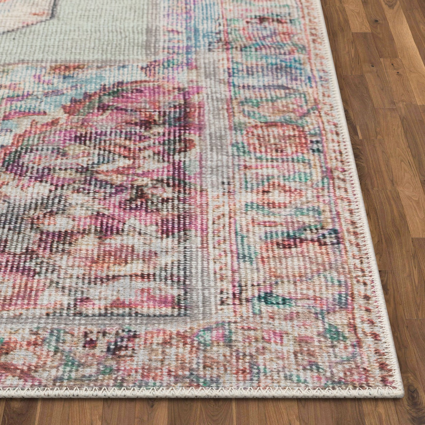 Ramon Machine Washable Vintage Persian Botanical Pink Pastel Green Flat-Weave Distressed Rug LOT-86