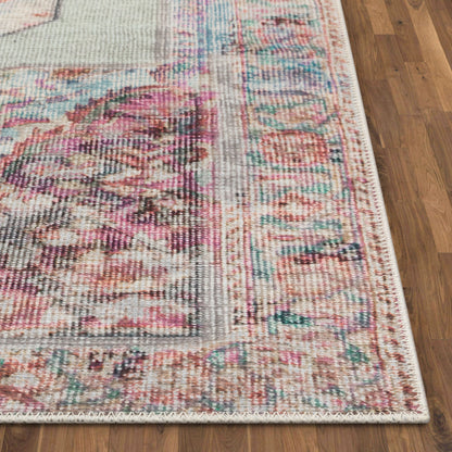 Ramon Machine Washable Vintage Persian Botanical Pink Pastel Green Flat-Weave Distressed Rug LOT-86