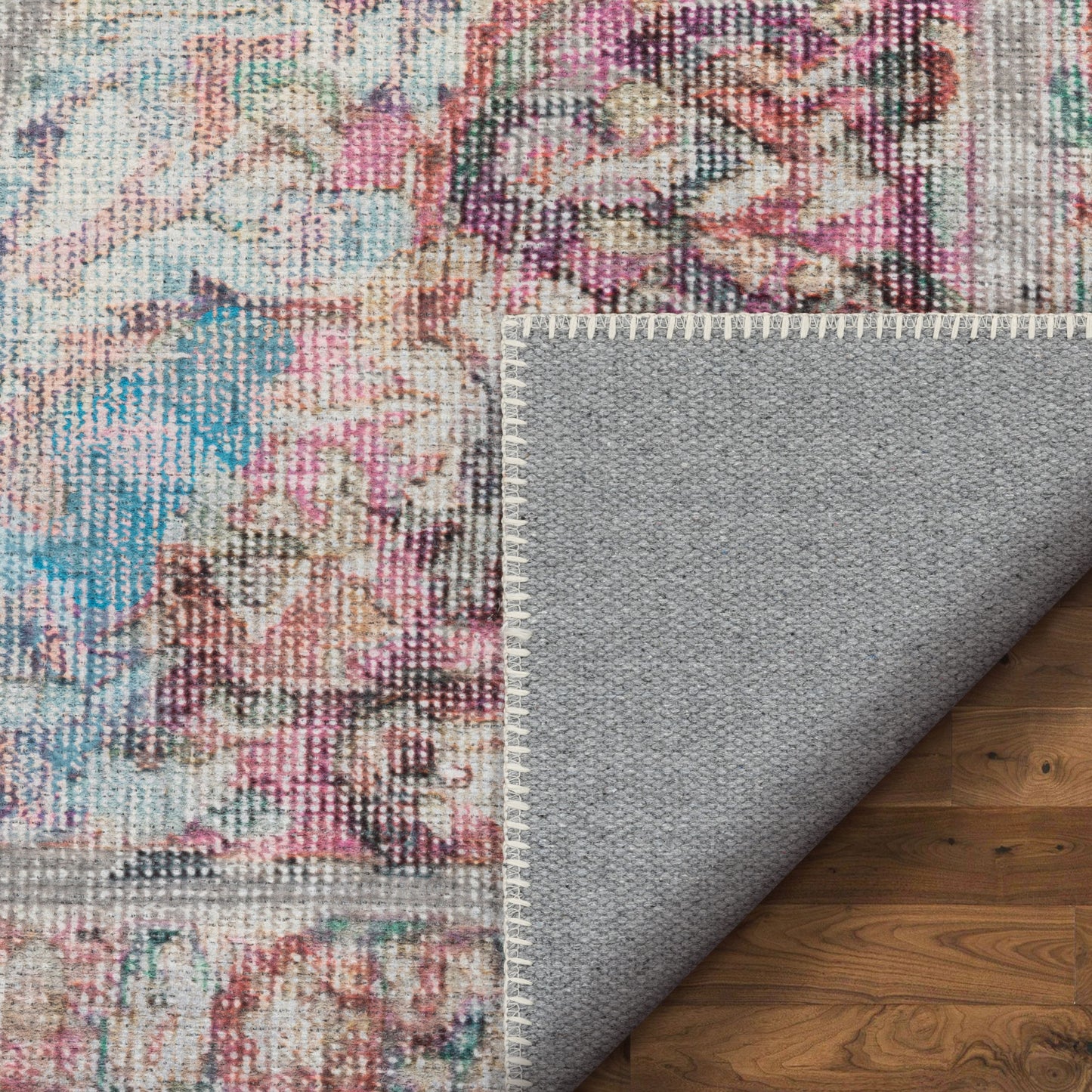 Ramon Machine Washable Vintage Persian Botanical Pink Pastel Green Flat-Weave Distressed Rug LOT-86