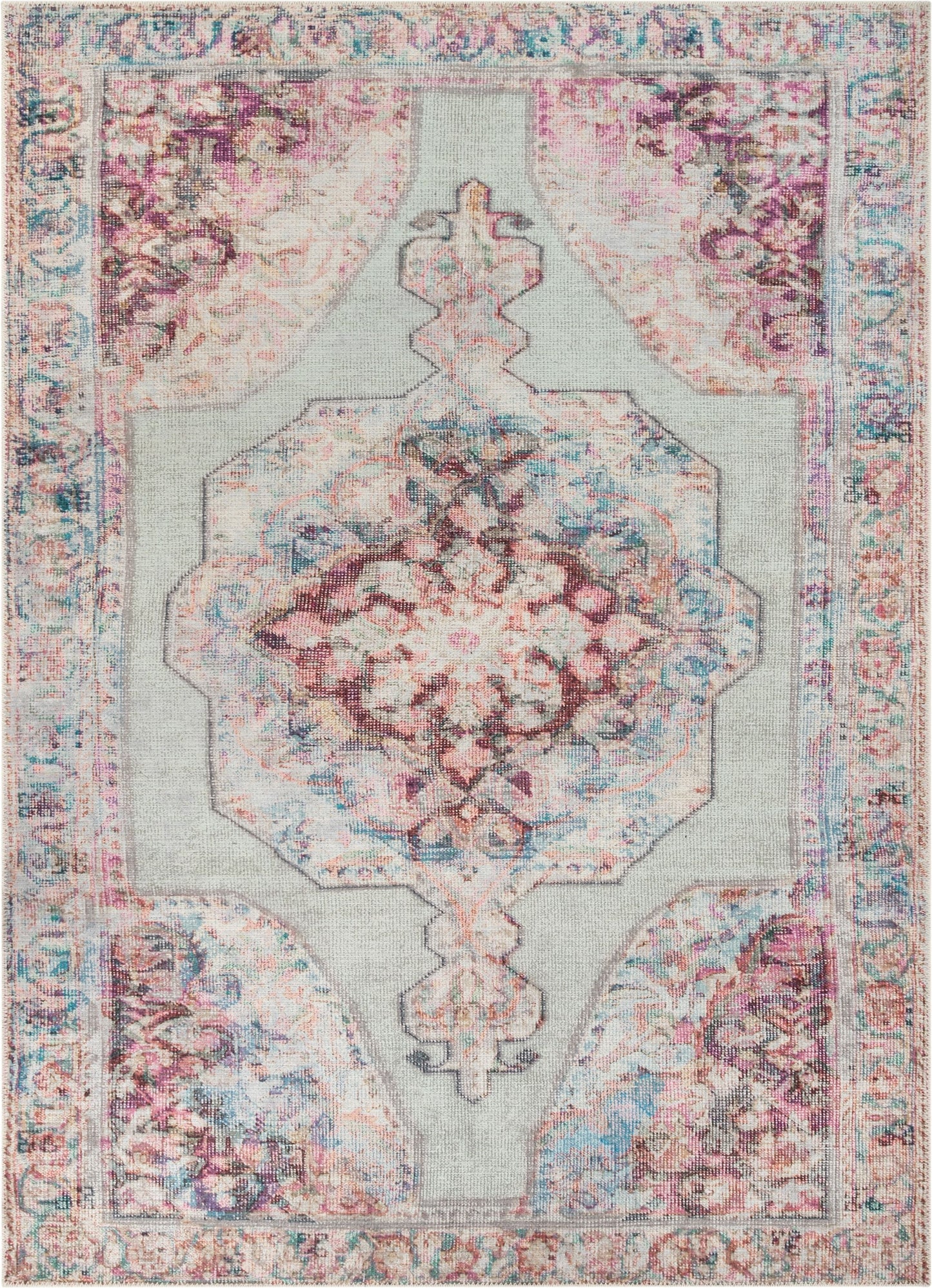 Ramon Machine Washable Vintage Persian Botanical Pink Pastel Green Flat-Weave Distressed Rug LOT-86