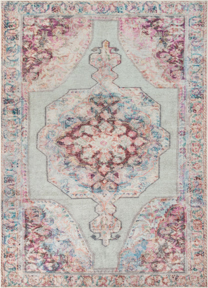 Ramon Machine Washable Vintage Persian Botanical Pink Pastel Green Flat-Weave Distressed Rug LOT-86