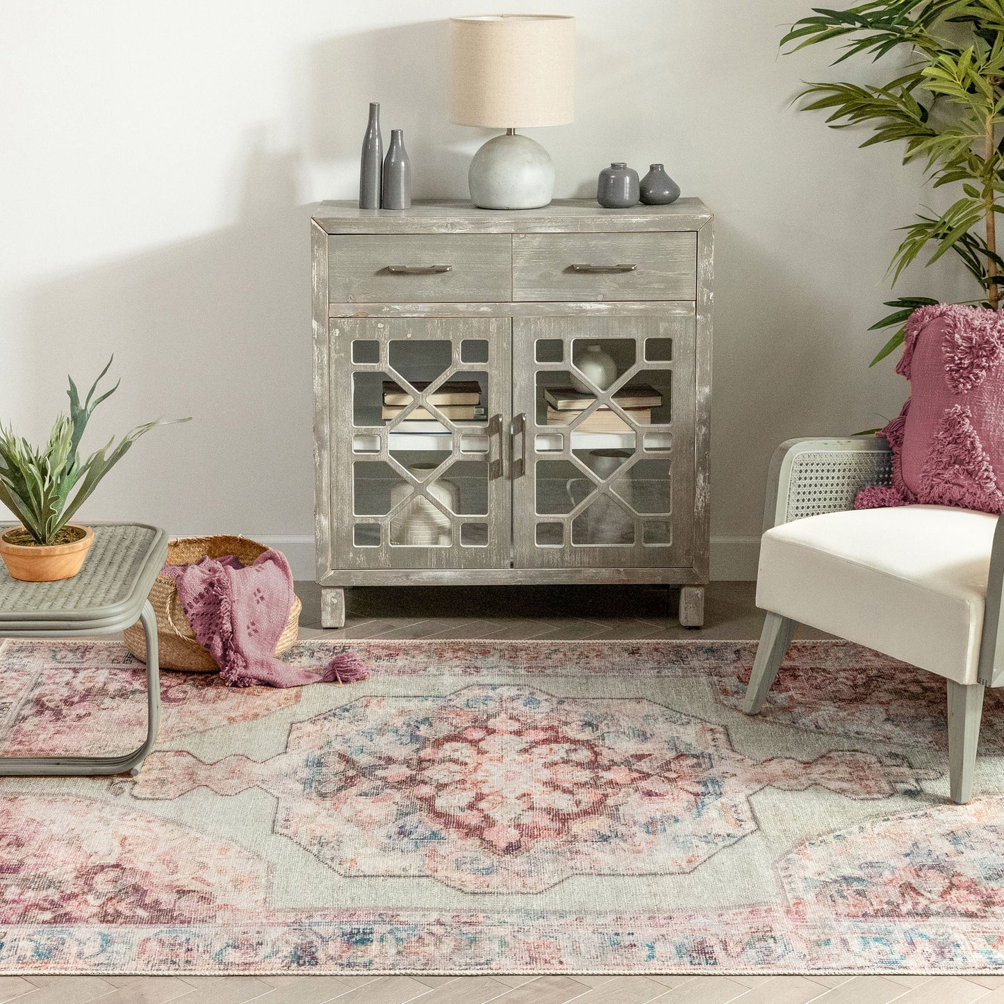Ramon Machine Washable Vintage Persian Botanical Pink Pastel Green Flat-Weave Distressed Rug LOT-86