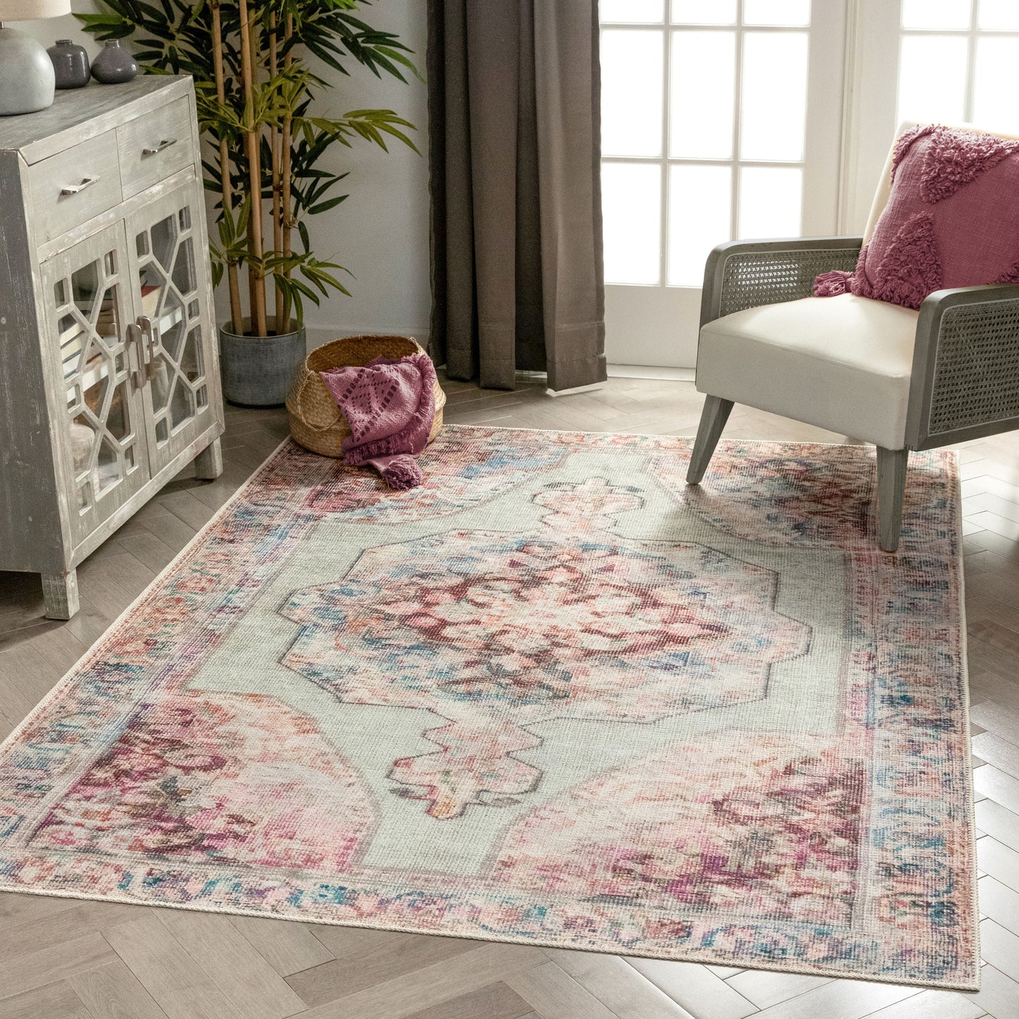 Ramon Machine Washable Vintage Persian Botanical Pink Pastel Green Flat-Weave Distressed Rug LOT-86