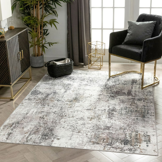 Arcata Machine Washable Contemporary Distressed Abstract Grey Flat-Weave Distressed Rug LOT-97