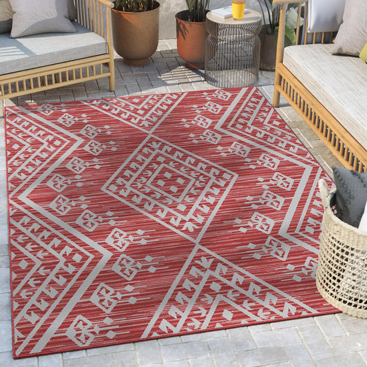 Cascade Tribal Diamond Pattern Indoor/Outdoor Red Flat-Weave Rug MED-190