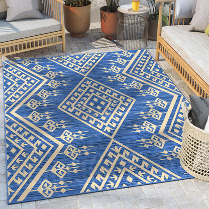 Cascade Tribal Diamond Pattern Indoor/Outdoor Blue Flat-Weave Rug MED-194