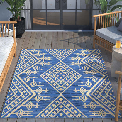 Cascade Tribal Diamond Pattern Indoor/Outdoor Blue Flat-Weave Rug MED-194