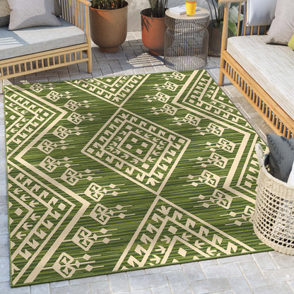 Cascade Tribal Diamond Pattern Indoor/Outdoor Green Flat-Weave Rug MED-195