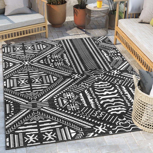 Khalo Tribal Indoor/Outdoor Black Flat-Weave Rug MED-223