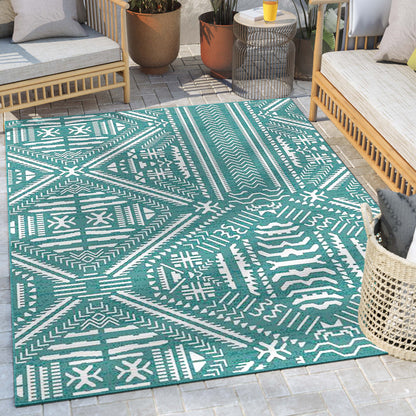 Khalo Tribal Indoor/Outdoor Teal Blue Flat-Weave Rug MED-226