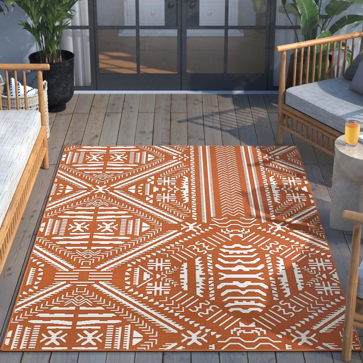 Khalo Tribal Indoor/Outdoor Orange Flat-Weave Rug MED-229