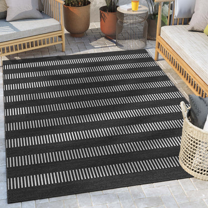 Stria Modern Stripes Indoor/Outdoor Black Flat-Weave Rug MED-243