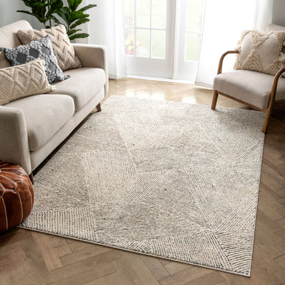 Enzo Tribal Geometric Lines Beige Distressed High-Low Rug MG-112