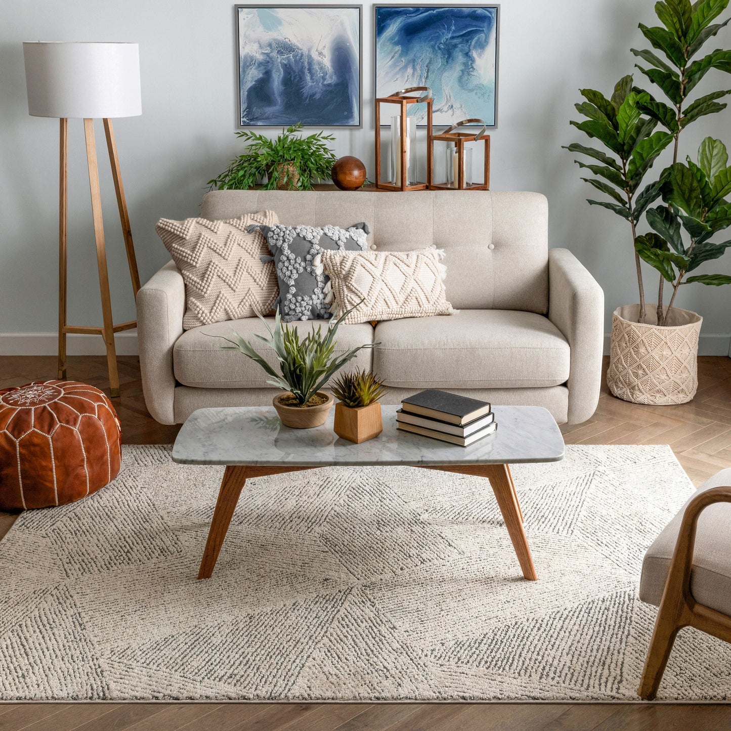 Enzo Tribal Geometric Lines Beige Distressed High-Low Rug MG-112