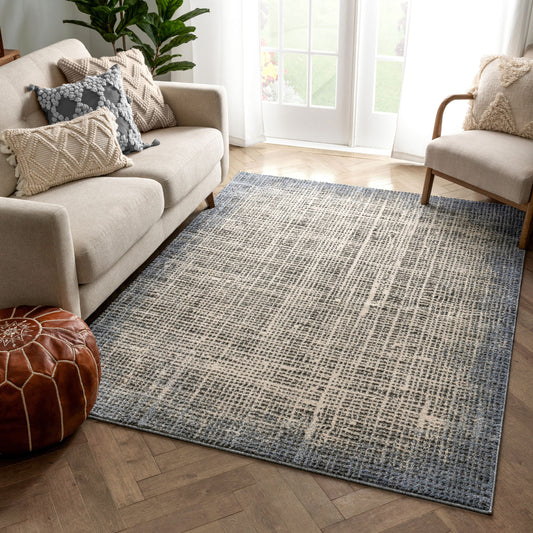 Julen Tribal Plaid Distressed Blue Distressed High-Low Rug MG-184