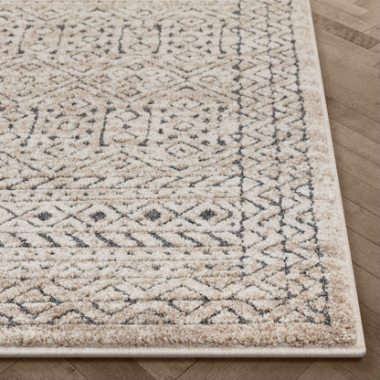 Lyre Tribal Mosaic Tile-Work Beige Distressed High-Low Rug MG-192
