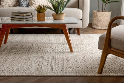 Lyre Tribal Mosaic Tile-Work Beige Distressed High-Low Rug MG-192