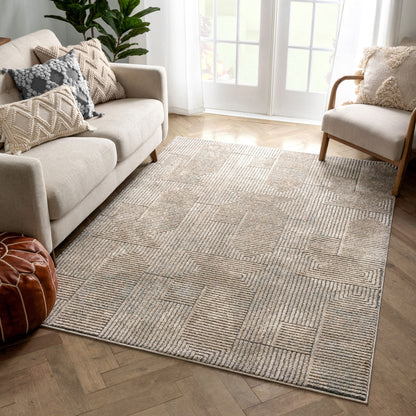 Donna Tribal Geometric Abstract Beige Distressed High-Low Rug MG-212