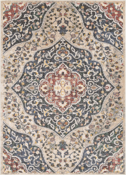 Nantes Vintage Bohemian Persian Oriental Medallion Beige Blue Rug MIR-12