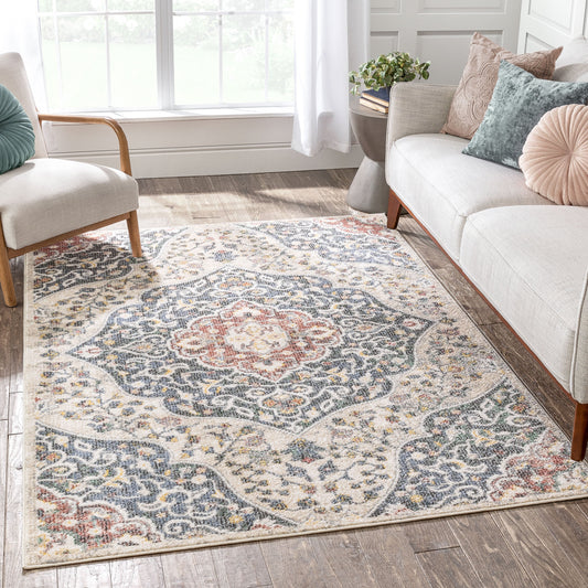 Nantes Vintage Bohemian Persian Oriental Medallion Beige Blue Rug MIR-12