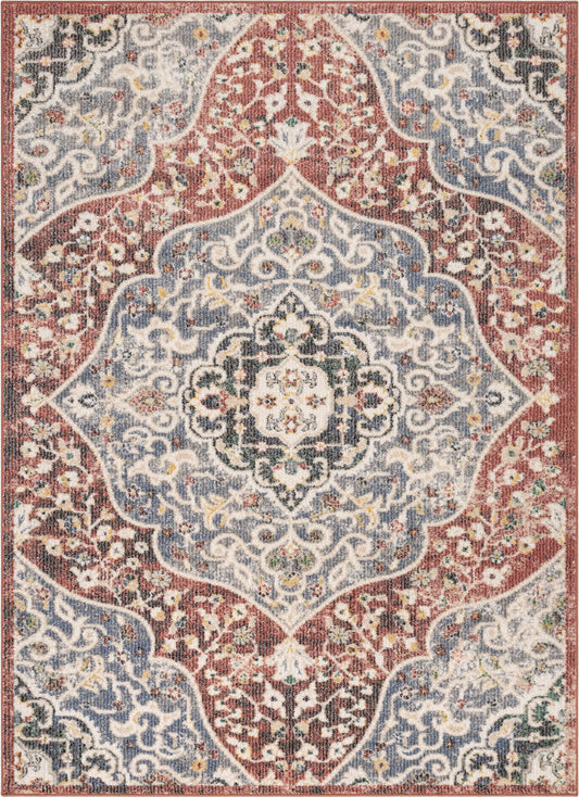 Nantes Vintage Bohemian Persian Oriental Medallion Red Rust Blue Rug MIR-19