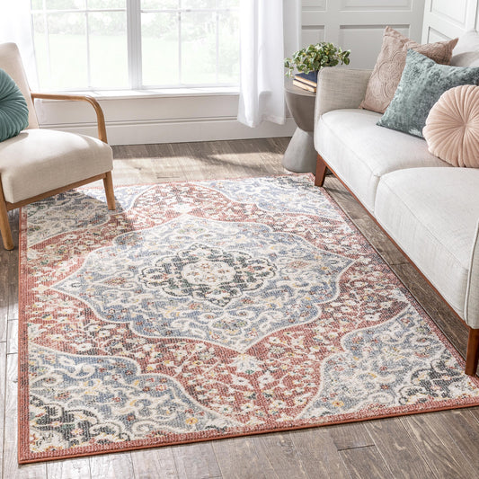 Nantes Vintage Bohemian Persian Oriental Medallion Red Rust Blue Rug MIR-19