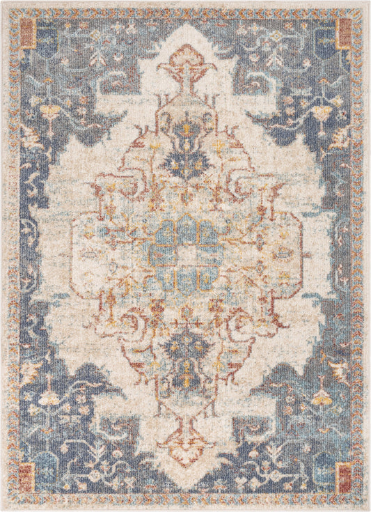 Lyon Vintage Bohemian Medallion Oriental Botanical Ivory Blue Rug MIR-22