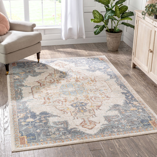 Lyon Vintage Bohemian Medallion Oriental Botanical Ivory Blue Rug MIR-22