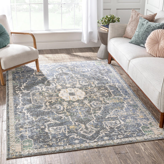 Lyon Vintage Bohemian Medallion Oriental Botanical Blue Rug MIR-24