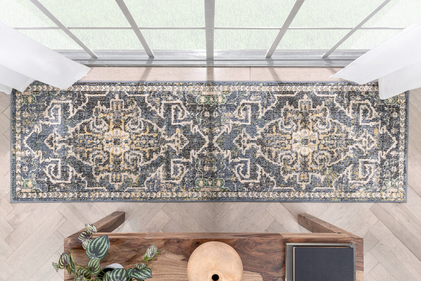 Lyon Vintage Bohemian Medallion Oriental Botanical Blue Rug MIR-24