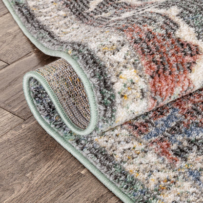 Lyon Vintage Bohemian Medallion Oriental Botanical Green Red Rust Rug MIR-25