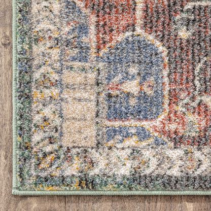 Lyon Vintage Bohemian Medallion Oriental Botanical Green Red Rust Rug MIR-25