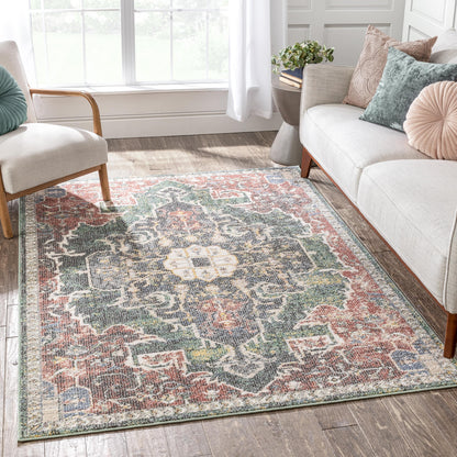 Lyon Vintage Bohemian Medallion Oriental Botanical Green Red Rust Rug MIR-25