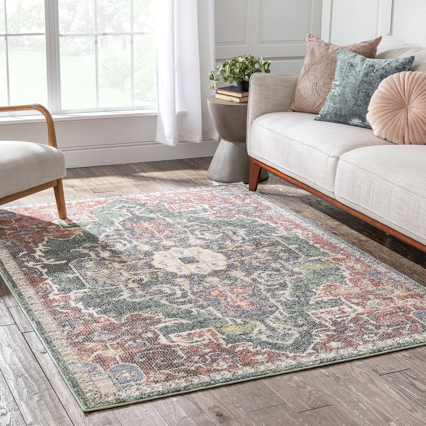 Lyon Vintage Bohemian Medallion Oriental Botanical Green Red Rust Rug MIR-25