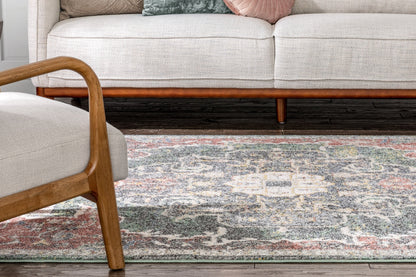 Lyon Vintage Bohemian Medallion Oriental Botanical Green Red Rust Rug MIR-25