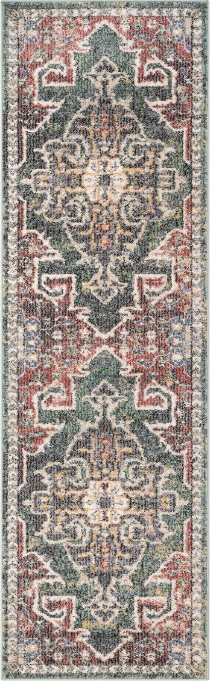 Lyon Vintage Bohemian Medallion Oriental Botanical Green Red Rust Rug MIR-25
