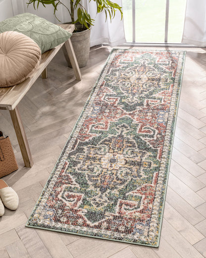 Lyon Vintage Bohemian Medallion Oriental Botanical Green Red Rust Rug MIR-25