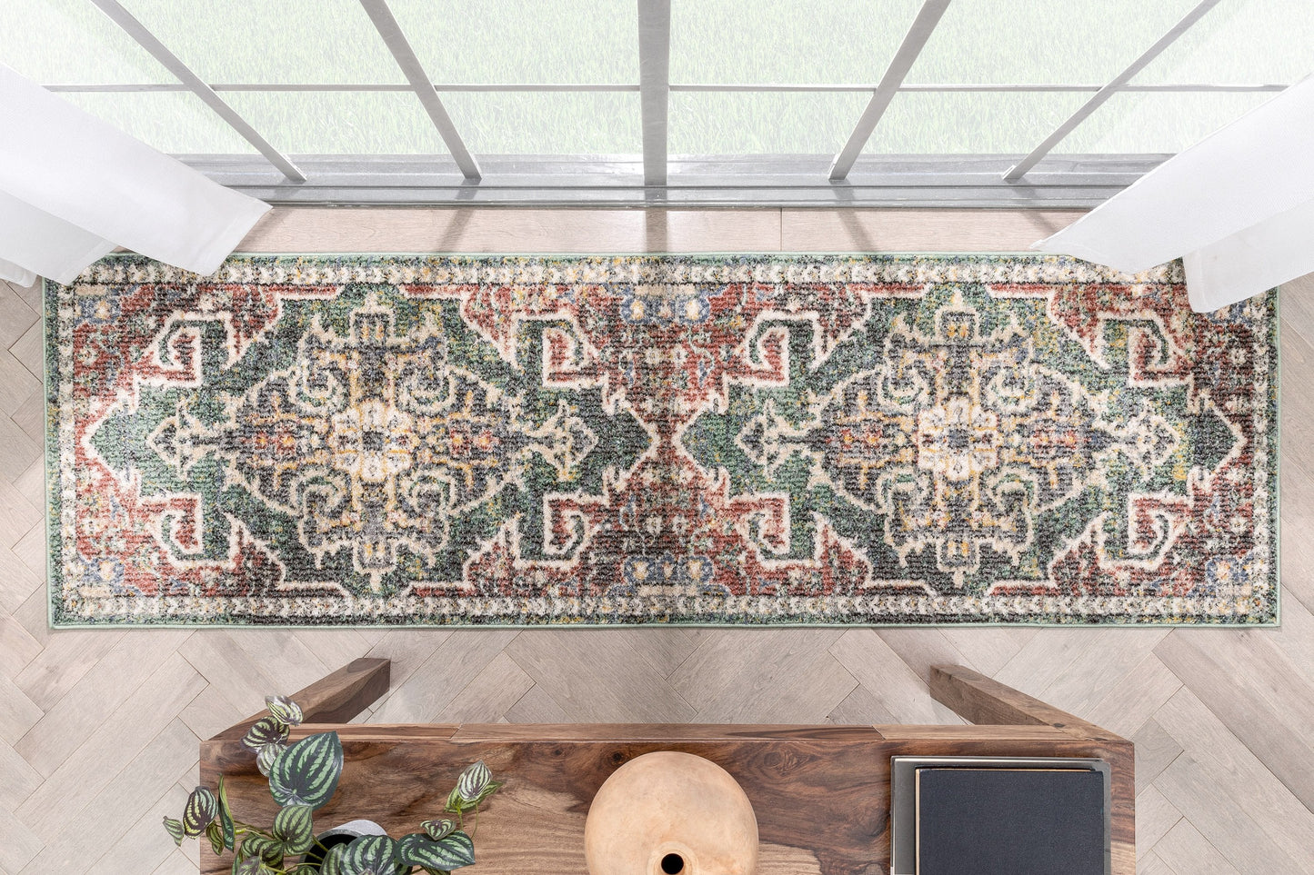 Lyon Vintage Bohemian Medallion Oriental Botanical Green Red Rust Rug MIR-25
