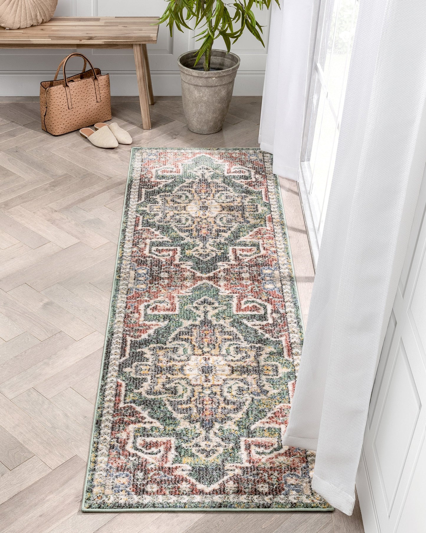 Lyon Vintage Bohemian Medallion Oriental Botanical Green Red Rust Rug MIR-25