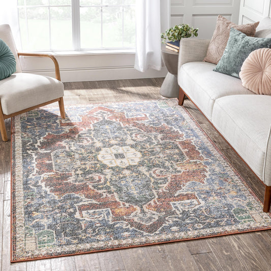 Lyon Vintage Bohemian Medallion Oriental Botanical Red Rust Blue Rug MIR-29