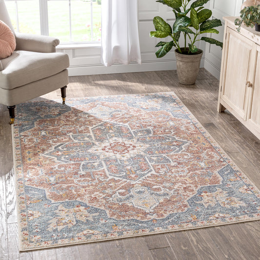 Amiens Vintage Bohemian Medallion Oriental Botanical Blue Red Rust Rug MIR-34