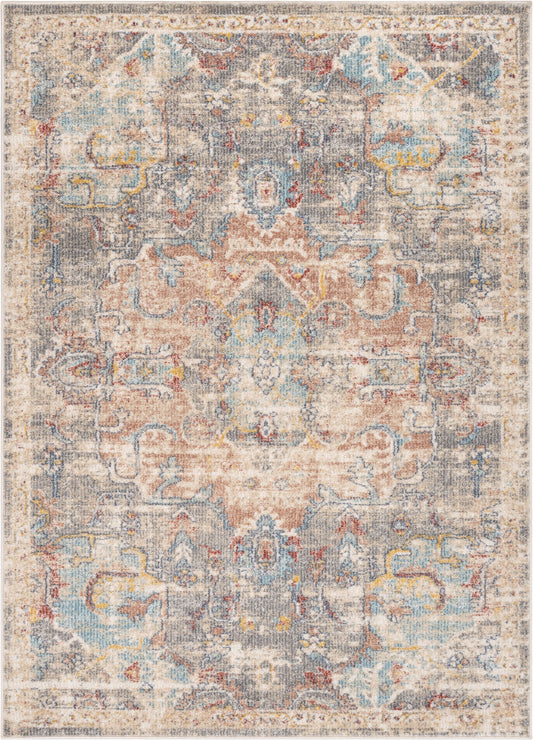 Caen Vintage Bohemian Medallion Oriental Botanical Grey Red Rust Rug MIR-47