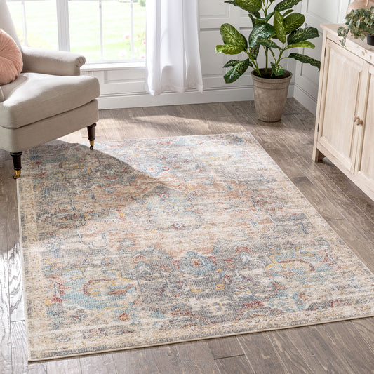 Caen Vintage Bohemian Medallion Oriental Botanical Grey Red Rust Rug MIR-47