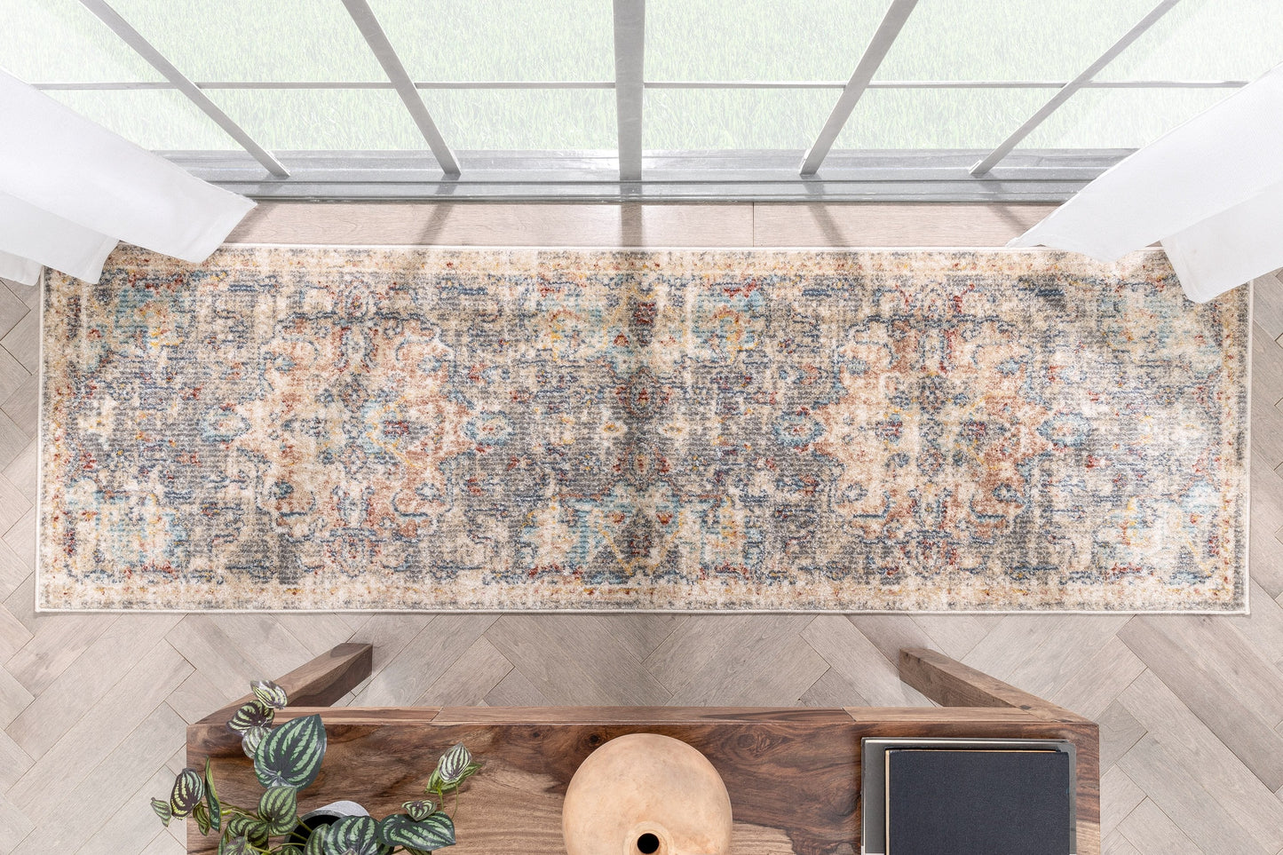 Caen Vintage Bohemian Medallion Oriental Botanical Grey Red Rust Rug MIR-47