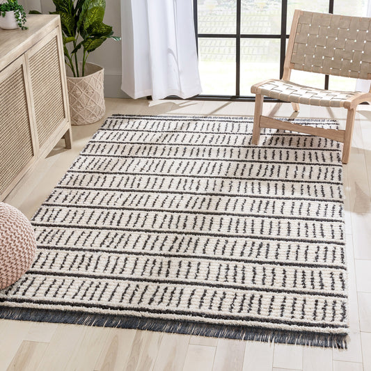 Viho Tribal Geometric Stripes Ivory High-Low Textured Pile Rug MYA-102