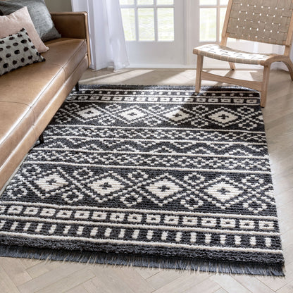 Nokomis Tribal Diamond Lattice Pattern Grey High-Low Textured Pile Rug MYA-17