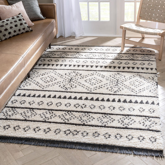 Odina Tribal Diamond Lattice Pattern Grey High-Low Textured Pile Rug MYA-27