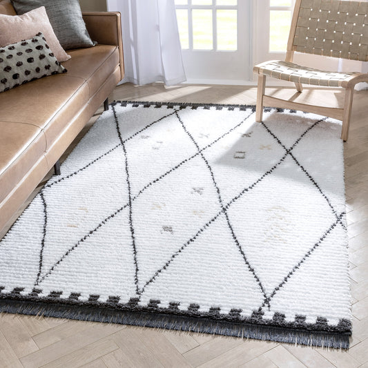 Soyala Tribal Diamond Lattice Pattern Grey High-Low Textured Pile Rug MYA-47